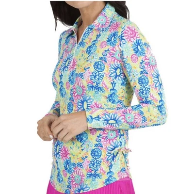 NWT IBKUL LILLI HOT PINK MULTI Long Sleeve Adjustable Polo Golf Shirt XS - Image 1 of 2