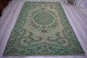 Antique Faded Green Handmade Rug, 5.1x8.1ft, Turkish Vintage Medallion Area Rug - Picture 1 of 11