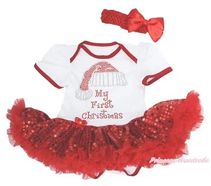 XMAS Rhinestone 1ST Christmas Bodysuit Bling Red Sequin Skirt Baby Dress NB-18M - Bild 1 von 3
