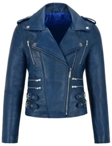 Damen Echt Lammleder 100% Weich Lederjacke Biker Stylisch Blau Mantel Jacke - Bild 1 von 7