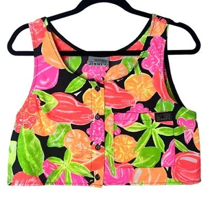 Vintage 80s JIMMY'Z Neon Tropical Floral Cropped Sleeveless Top Sz M - Picture 1 of 9