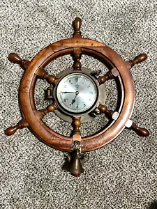 SOLID WOOD PORTHOLE NAUTICAL SHIPWHEEL CLOCK BRASSOM WITH BELL VERY HEAVY SOLID - Picture 1 of 16