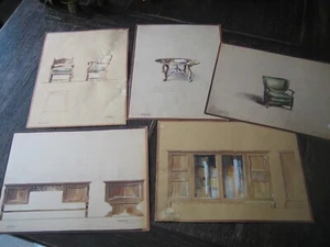 Konvolut 5 Stück antike Möbel Skizzen Entwürfe coloriert Haus Adolf Dieterle FiB - Picture 1 of 6