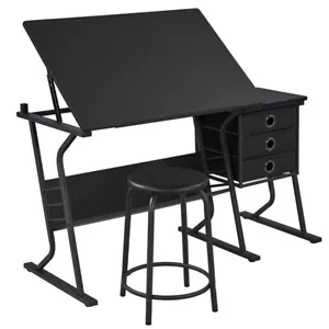 Zeichentisch-Set Schreibtisch mit Kippbarer Tischplatte & Beistelltisch Schwarz - Bild 1 von 10