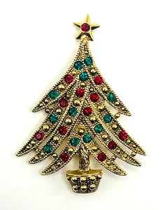 Vintage 10K Gold Weihnachtsbaum Brosche rot & grün Strass Urlaub Pin - Bild 1 von 8