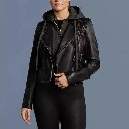 Chaqueta de moto Bod & Christensen de cuero negro ámbar con capucha extraíble talla grande Foto 1 de 4