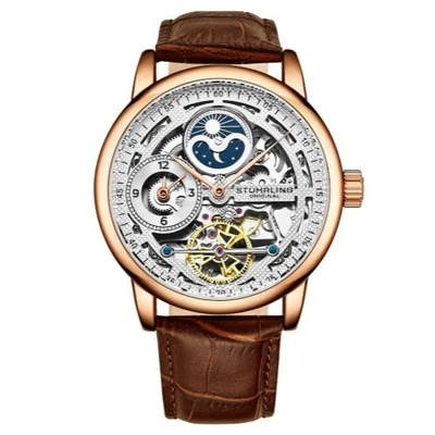 Stuhrling 3917 3 Legacy Automatic Skeleton Dual Time AM/PM Leather Mens Watch - Image 1 of 4