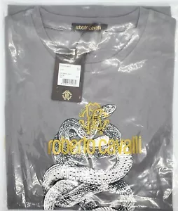 Roberto Cavalli HST620 Gray Crew Neck Graphic 100% Cotton Men's T-Shirt Size L - Picture 1 of 3