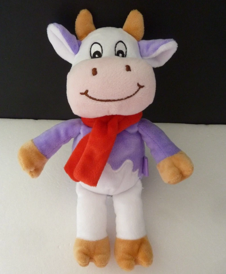 *. DOUDOU PELUCHE VACHE MILKA  ROSE MAUVE BLANC BEIGE ECHARPE ROUGE ETAT NEUF* - Photo 1/4