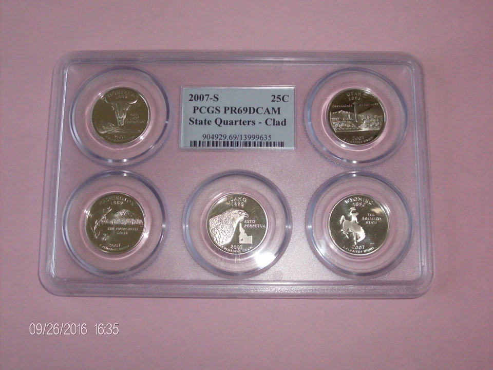 2007 S CLAD STATE QUARTER PROOF 5 COIN SET  PCGS PF69 DEEP CAMEO(MT,WA,ID,WY,UT) - Image 1 of 1
