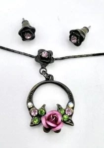 Halskette Messing Rosa Rose Ring Anhänger mit Ohrringen 16” - 19” - Bild 1 von 5