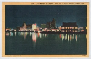 Long Beach, Kalifornien, Skyline bei Nacht, vom Pier, bedruckte Postkarte, Leinen - Bild 1 von 2