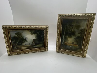 Vintage Original Miniature Oil Paintings Robert J. Hall On Wood Signed - Image 1 of 4