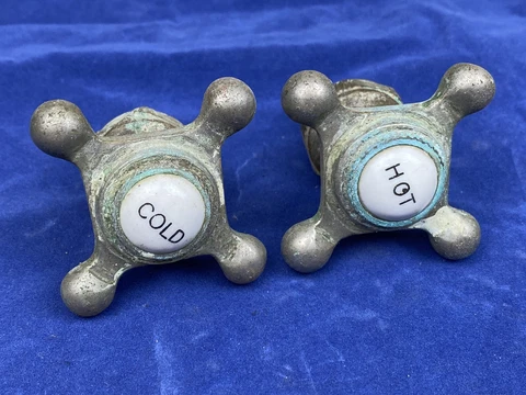 Pair C.1930 FAUCET Handles, Hot & Cold Porcelain Caps, Nickel Plated Brass Cover