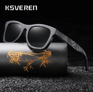 Bamboo Wood Polarized Square Sunglasses For Men Black Wooden Frame Glasses UV400 - Picture 1 of 27