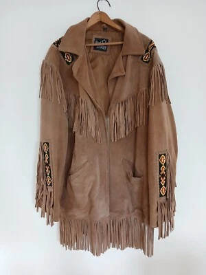 VTG Men's Real Leather Tan Suede Buckskin Fringe Beaded Western Jacket Coat 3XL - Изображение 1 из 4