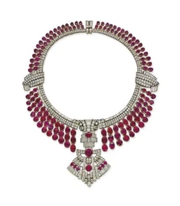 Lab Created Ruby Statement Necklace 925 Silver Estate Jewelry Auction Handmade - Picture 1 of 8