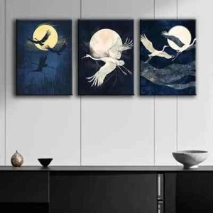 3pcs Cranes Fly Under the Moon Nature Perfect Wall Art Canvas Framed 50x70cm - Picture 1 of 3