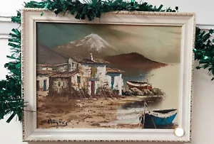 Oil Painting On Canvas Beautiful Seascape & Mountains Spanish Style Signed - Picture 1 of 2