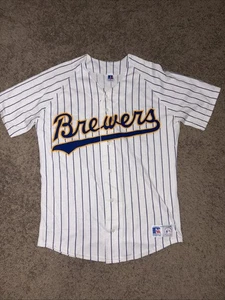 VTG Russell Milwaukee Brewers Button Up Pinstripe Jersey Men’s Medium USA Made - Picture 1 of 10