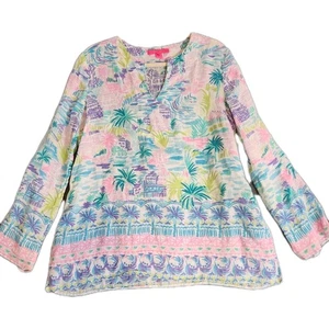 Lilly Pulitzer Sz L Multicolor Linen Ocean Cove Tunic Top Private Island Resort - Picture 1 of 9