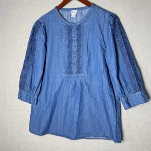Chicos Chambray bestickt Denim Tunika Top blau Boho Bauern Bluse Gr. 1 8/10 - Bild 1 von 7