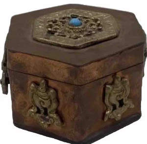 Vintage tibetisches Kupfer mit Türkis-Inlay sechseckig verziert Schmuck Schmuck Gewürzdose - Bild 1 von 7