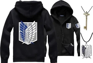 Attack on Titan Hoodie Set XL Black Wings + Key + Necklace Survey Corps Costume - Picture 1 of 6