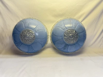 Pair Vintage Art Deco Blue Frosted Glass Ceiling Light Shades 10" Floral Texture - Image 1 of 4