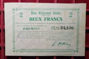 #96 - Banknote / Billet - FRANCE - Nécessité 2 Francs RIBEMONT - Picture 1 of 2