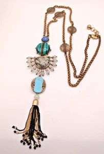 Stella & Dot Statement Necklace Art Deco Green, Creamn & Brass - Picture 1 of 7