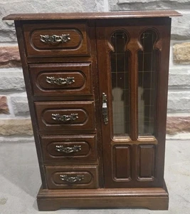Large Armoire-Style Jewelry Box with Glass Door & 5 Drawers 14×10×5.75 Inches - Picture 1 of 16