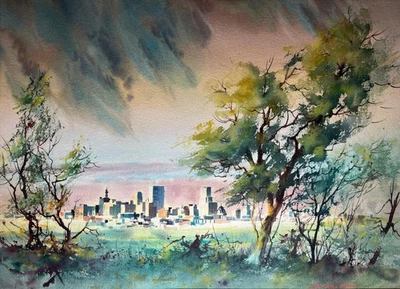 Vintage Impressionist Watercolor Painting Citycape Landscape Art John Hall Brown - Image 1 of 4