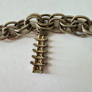 Old Chinese Bronze Colored Attic Stupa Pagoda Tower Amulet Charm Bracelet VNTG - Picture 1 of 8
