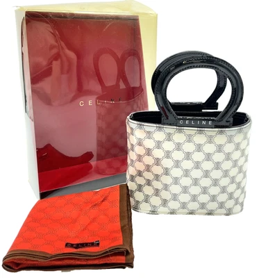 Auth Celine Macadam Enamel WhiteBlack  Handbag/Red Handkerchief W/BSet2 NS110625 - Image 1 of 4