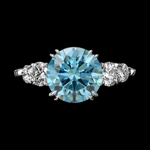 Fancy Intense Blue Diamond Ring 3.50 Ct IGI Lab Grown Round Cut 14K White Gold - Picture 1 of 11