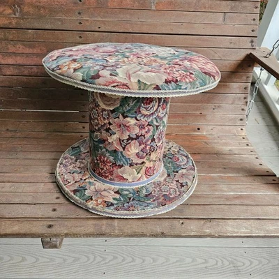 Floral Upholstered Spool Looking Stool - Vintage Foot Stool - Accent Piece - Image 1 of 4