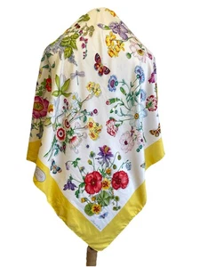 Gucci i Fiori di Gucci Silk Scarf Italy Floral Butterfly Yellow Border VTG #A86 - Picture 1 of 8