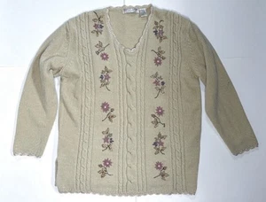 Suéter tejido con cable floral beige claro vintage cuello en V mediano cabaña abuela núcleo - Imagen 1 de 5