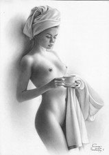 original drawing A3 138NJ art by samovar woman nude oil dry brush Signed 2020