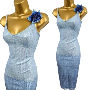 UK 10 KAREN MILLEN Vintage Blue Sequin Beaded Corsage Bodycon Dress Wedding - Picture 1 of 12