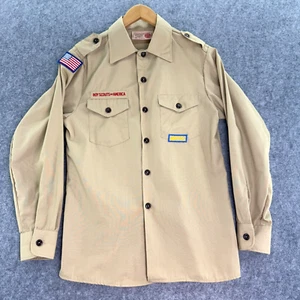 Boy Scouts of America BSA Youth Boys Long Sleeve Shirt Large 14-16 Tan Patches - Picture 1 of 10