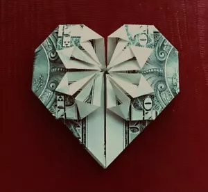 Heart Dollar Origami, Crisp, new $1 bill carefully Folded, in a Cellophane Bag - Picture 1 of 2