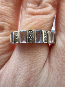9ct Yellow Gold Multi-Gemstone Ring Blue & Pink Topaz & Diamonds Ring Size O 1/2 - Picture 1 of 11