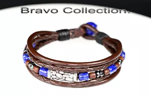 HANDMADE Sterling Silver, Leather, Lapis Lazuli Wristband Men Bracelet 1B-505 - Picture 1 of 6