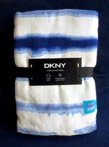 New DKNY Set of 2 Watercolor Stripe HAND TOWELS Tie Dye Blues 100% Cotton 16x28 - Picture 1 of 4