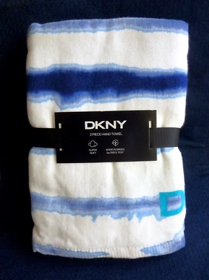 New DKNY Set of 2 Watercolor Stripe HAND TOWELS Tie Dye Blues 100% Cotton 16x28 - Image 1 of 4