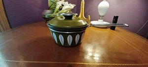VINTAGE CATHERINE HOLM COVERED ENAMEL POT OLIVE GREEN AND WHITE MADE IN NORWAY - Picture 1 of 12