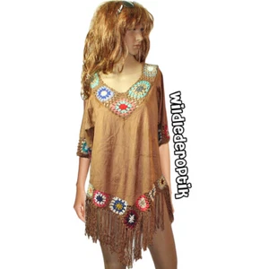 Vintage Hippie Goa Fransen Crochet Wildlederoptik Häkel Tunika Kleid Gr.40 42 M - Picture 1 of 3