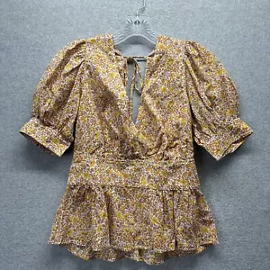 J Crew Blouse Sz 00 Yellow Ditsy Floral Blooms Puff Sleeve Poplin Tie Cottage - Picture 1 of 12
